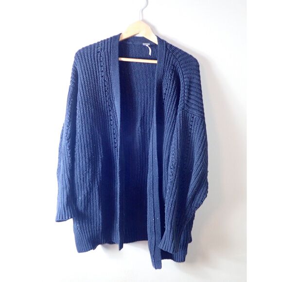 Free People Black Chunky Cardigan Pocket Open Front Size Large Oversized Boho - Picture 1 of 13